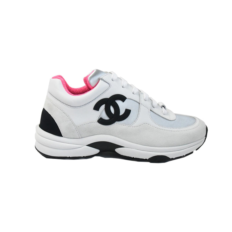 Orig $1295 Womens Chanel CC Logo Sneaker White Silver Fluo Pink Calfskin  Authent