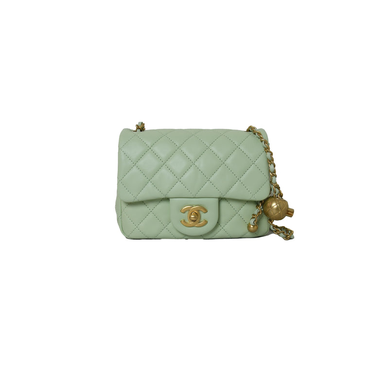 Chanel Mini Square Flap Bag With Pearl Crush Chain Light Green