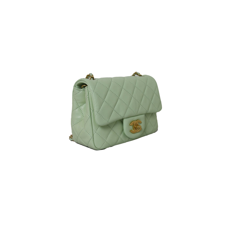Chanel Mini Square Flap Bag With Pearl Crush Chain Light Green