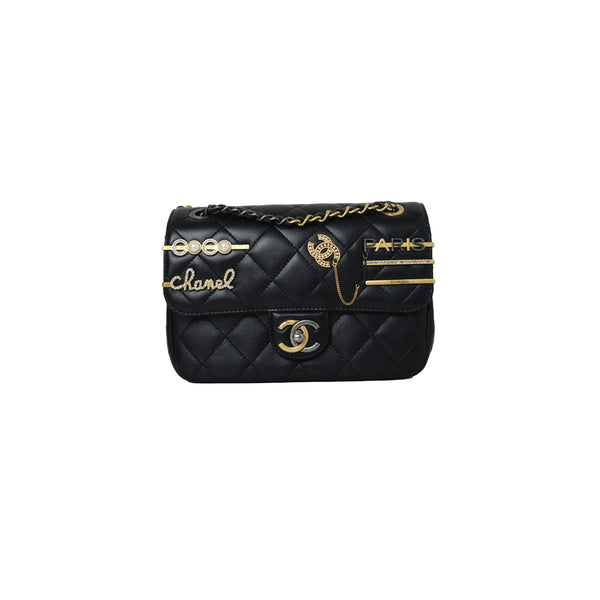Chanel Small Flap Lambskin Imitation Pearls Gold Silver & Ruthenium Finish Bag Black - NOBLEMARS