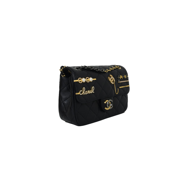 Chanel Small Flap Lambskin Imitation Pearls Gold Silver & Ruthenium Finish Bag Black - NOBLEMARS