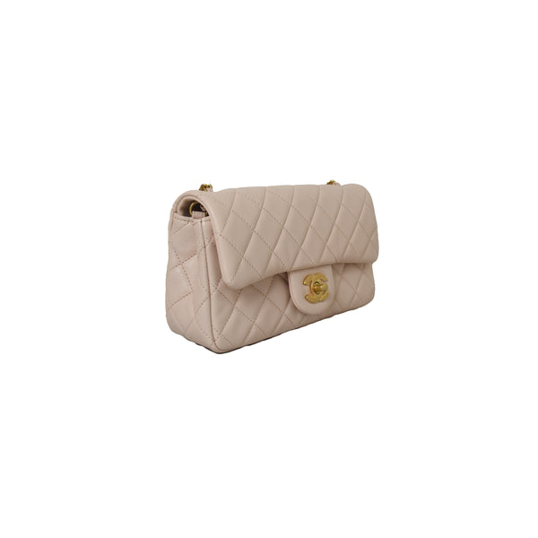 Chanel Mini Rectangular Flap Bag With Pearl Crush Chain Beige - NOBLEMARS