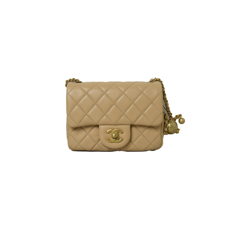 Chanel Mini Square Flap Bag With Pearl Crush Chain Light Green - NOBLEMARS