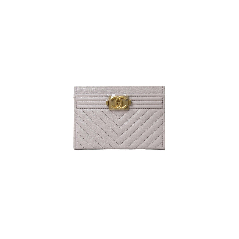 Chanel Caviar Chevron Quilted Boy Card Holder Gold Hardware Light Lilac - NOBLEMARS