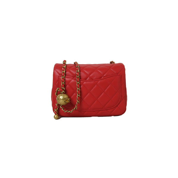 Chanel Mini Square Flap Bag With Pearl Crush Chain Red