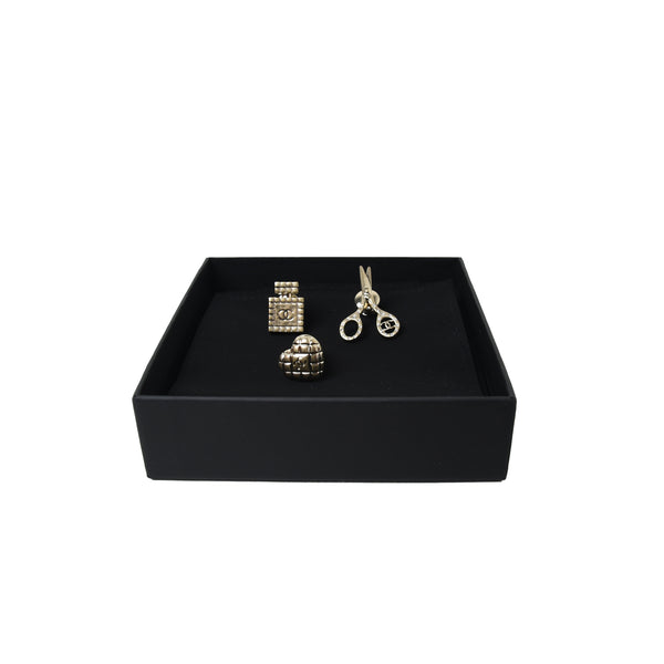 Chanel Antique 3-piece Miniature Perfume Bottle Scissors Heart Metal Brooch Pale Gold - NOBLEMARS