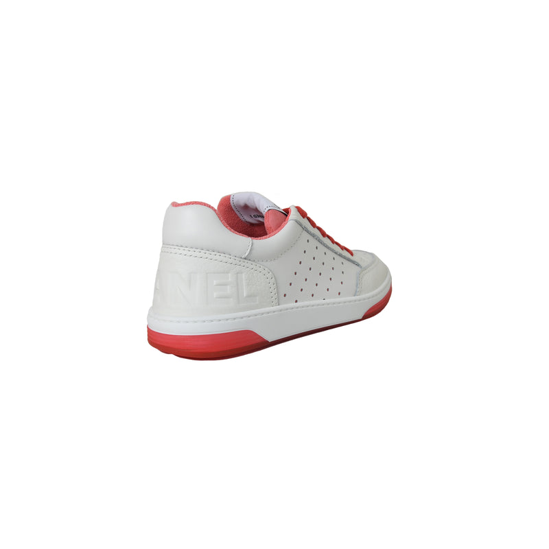 Chanel White Leather CC Logo Sneakers White Red - NOBLEMARS