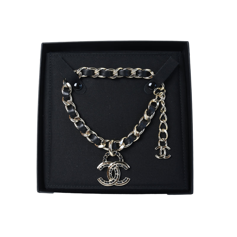 Chanel CC Braided Leather Necklace Black Gold