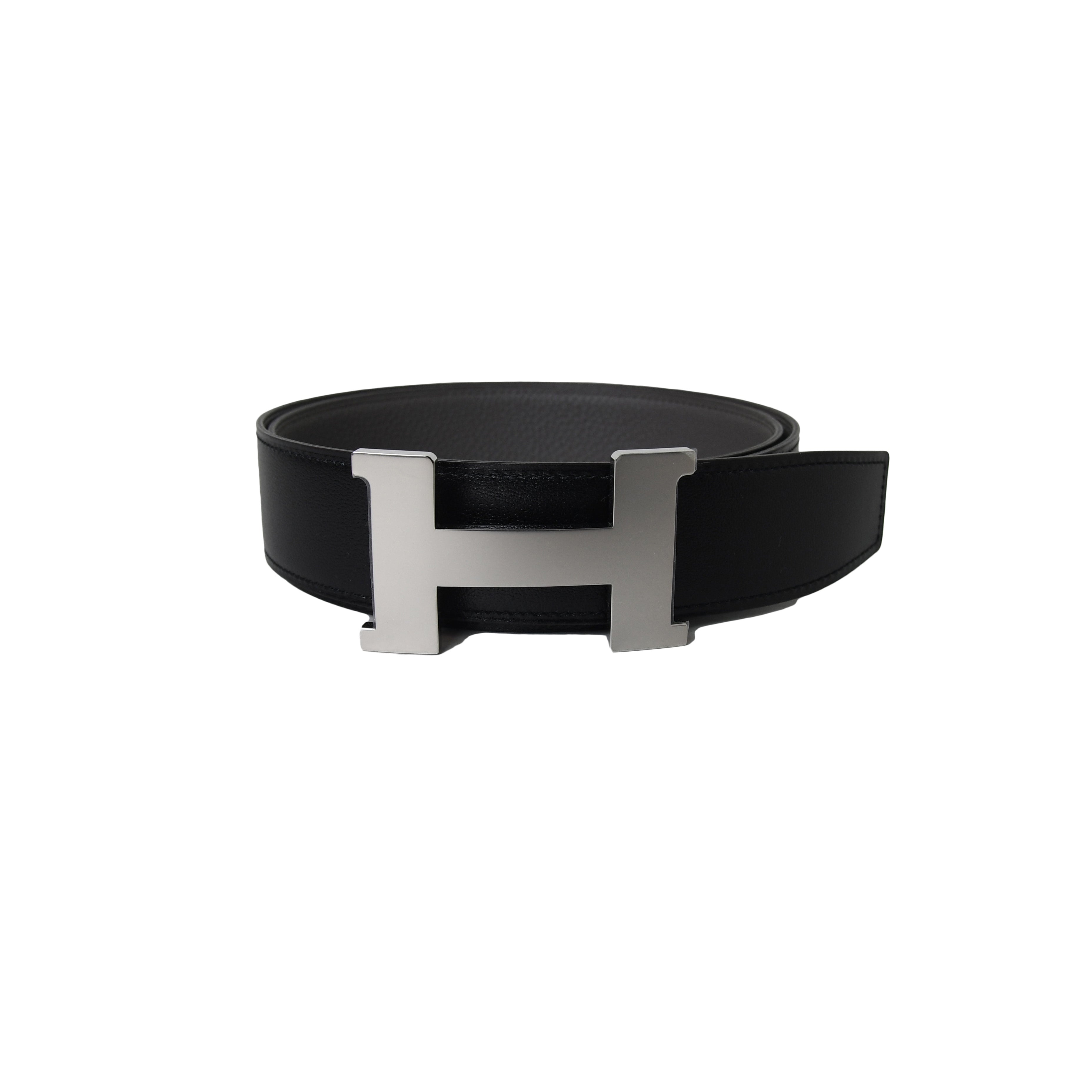 Hermes Black/Bleu Jean Box and Togo Leather Palladium Finish Reversible H  Buckle Belt 90 CM Hermes