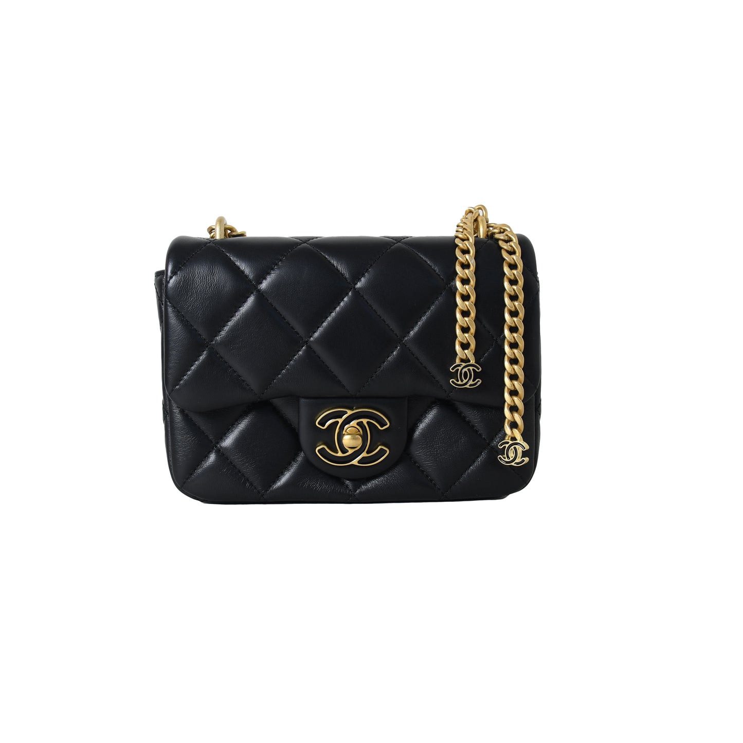 Chanel Enamel Quilted Pending CC Mini Square Lambskin Flap Bag Black Gold