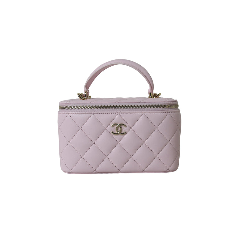 Chanel Quilted Small Top Handle Vanity Case With Chain Pink Gold