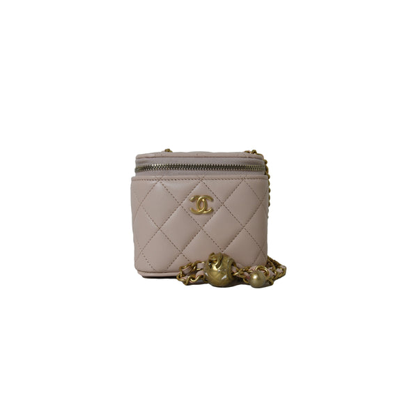 Chanel Pearl Crush Vanity Case With Chain Lambskin Beige Gold