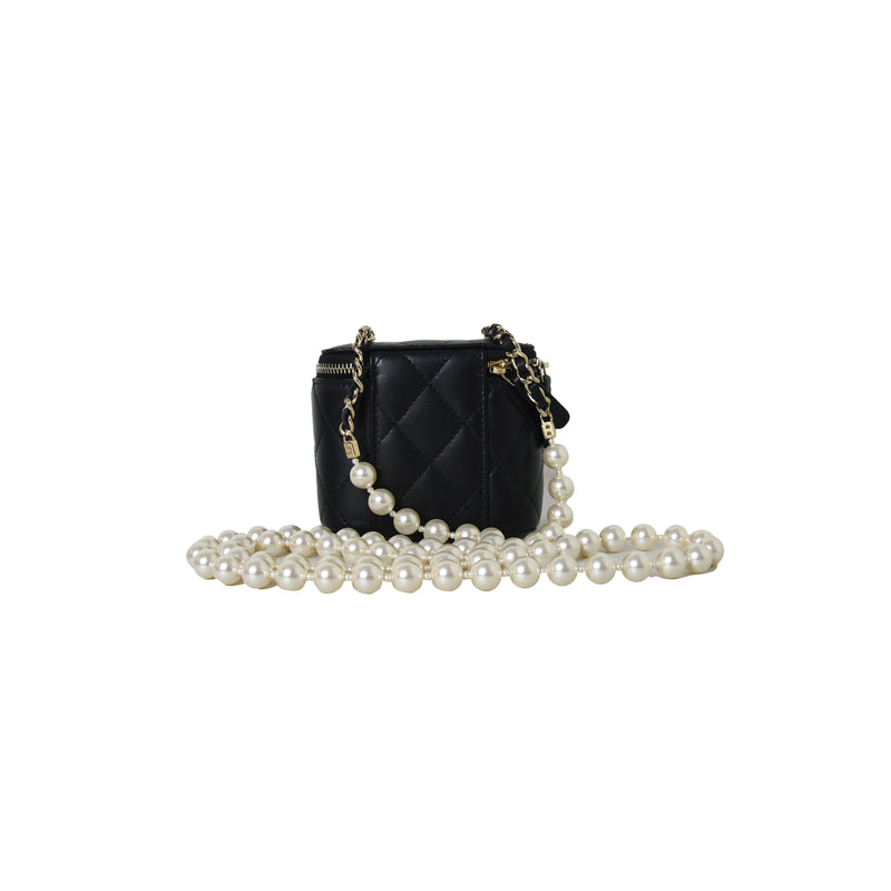 Chanel Mini Vanity Lambskin Bag With Pearl Chain Black Gold - NOBLEMARS