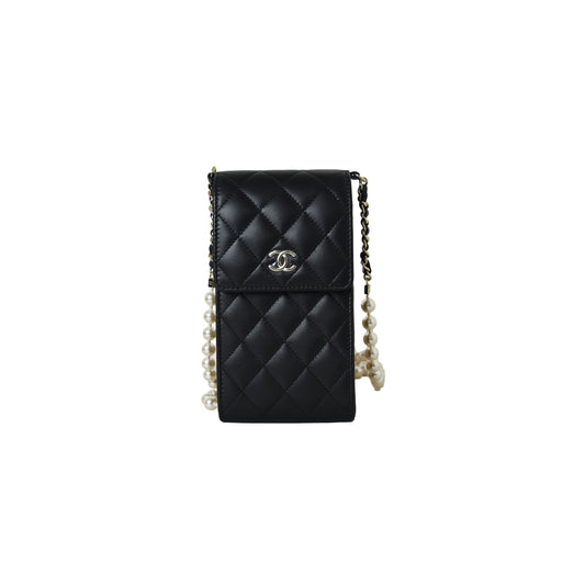 Chanel Phone Holder With Pearl Chain Lambskin Black Gold