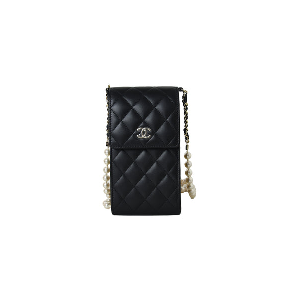 Chanel Phone Holder With Pearl Chain Lambskin Black Gold