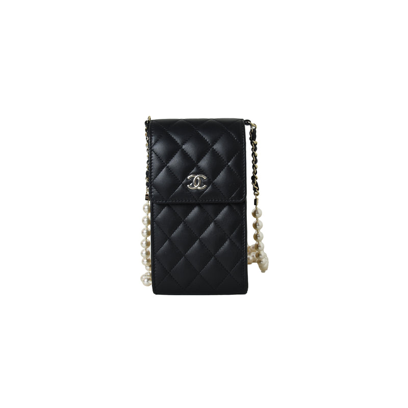 Chanel Phone Holder With Pearl Chain Lambskin Black Gold - NOBLEMARS