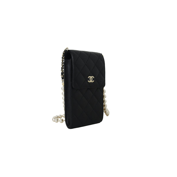 Chanel Phone Holder With Pearl Chain Lambskin Black Gold
