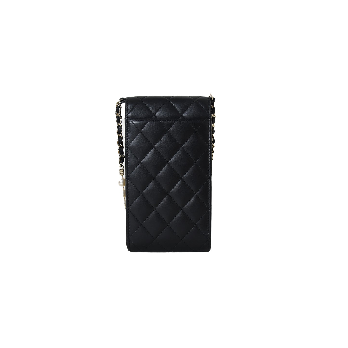 Chanel Phone Holder With Pearl Chain Lambskin Black Gold