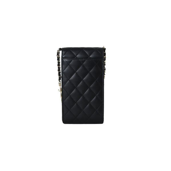 Chanel Phone Holder With Pearl Chain Lambskin Black Gold - NOBLEMARS