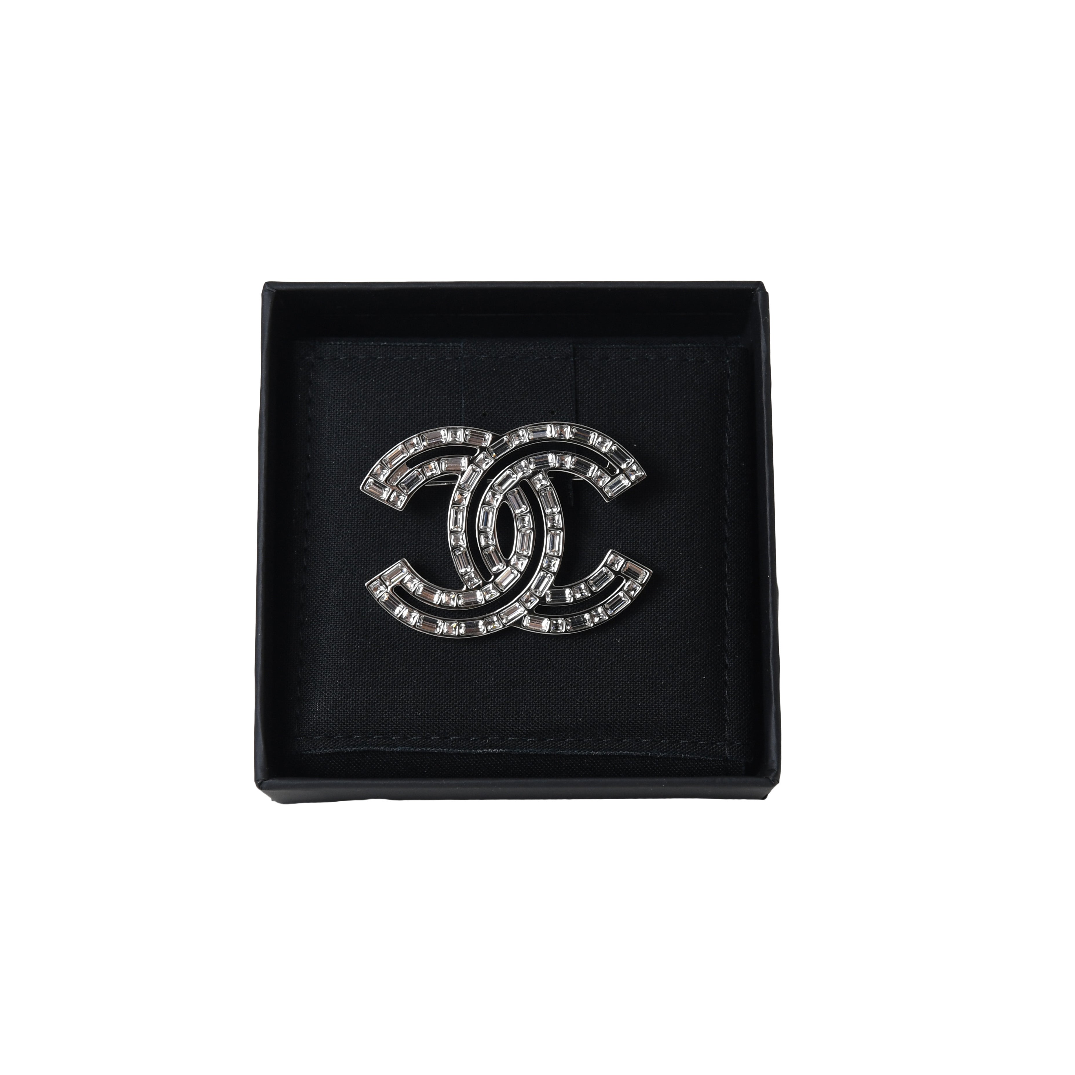 Chanel Baguette Crystal CC Brooch Silver Pin