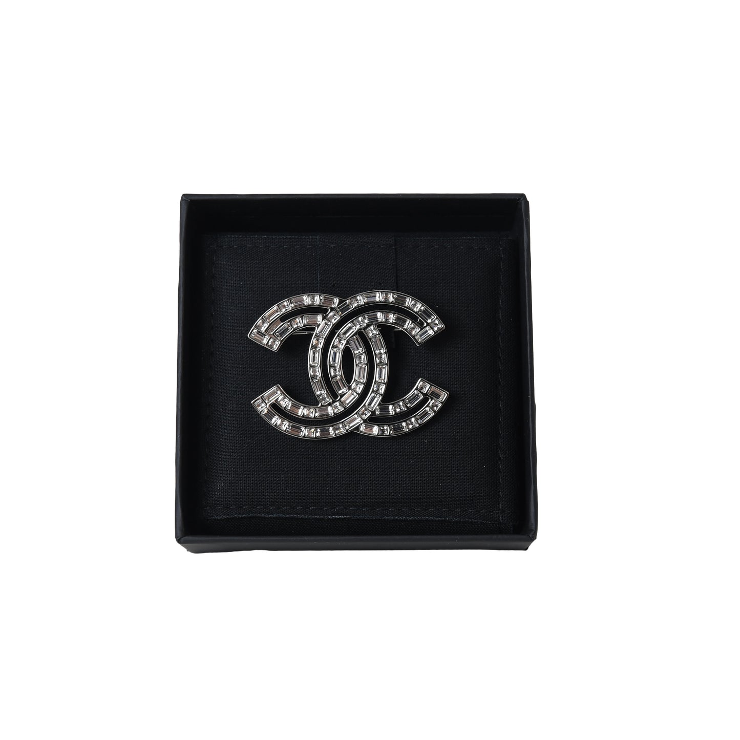 Chanel Baguette Crystal CC Brooch Silver