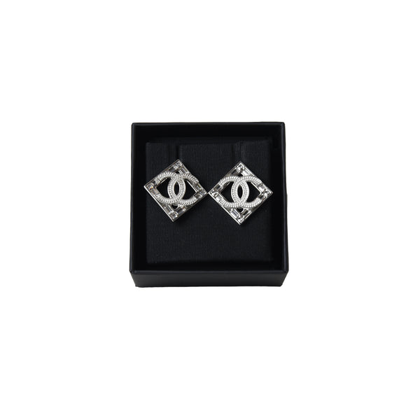 Chanel CC Logo Crystal Studded Square Earring Silver