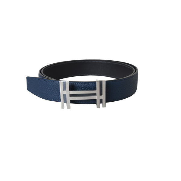 Hermes H Au Carre Belt Buckle & Reversible Leather Strap Silver Blue Black
