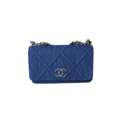 Chanel Quilted Wallet On Chain 19 Silver Denim Blue