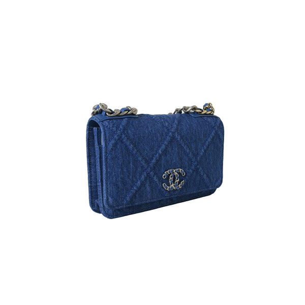 Chanel Quilted Wallet On Chain 19 Silver Denim Blue