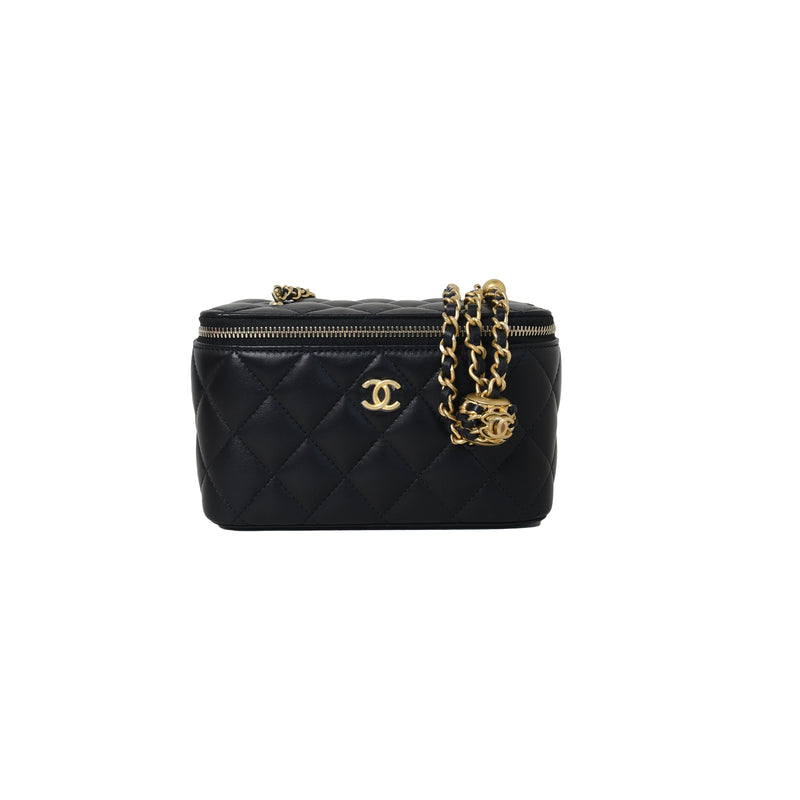 Chanel Small Vanity Case with Handle 21S Black Quilted Caviar with brushed  gold hardware