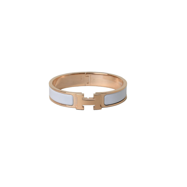 Hermes Enamel Narrow Clic H Bracelet Rose Gold Blanc - NOBLEMARS