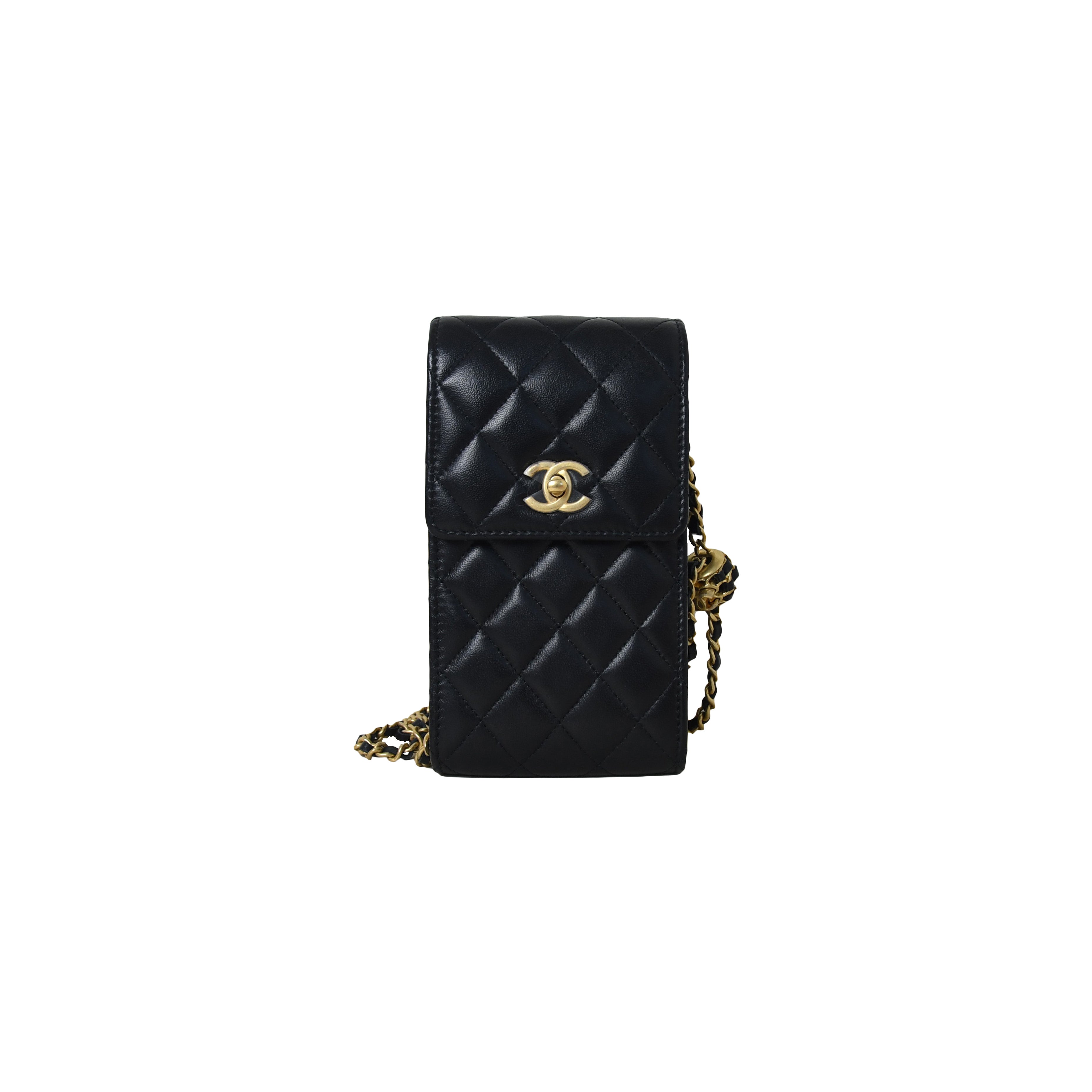 Chanel Phone Holder Pearl Crush Lambskin Quilted With Chain Black -  NOBLEMARS
