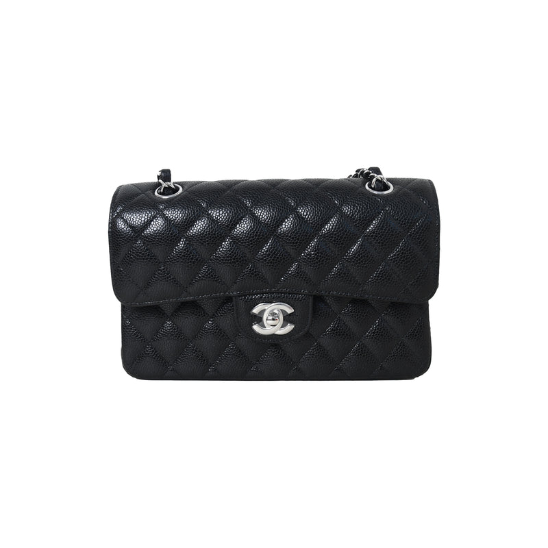 Chanel Classic Double Flap Quilted Caviar Silver-tone Small Black