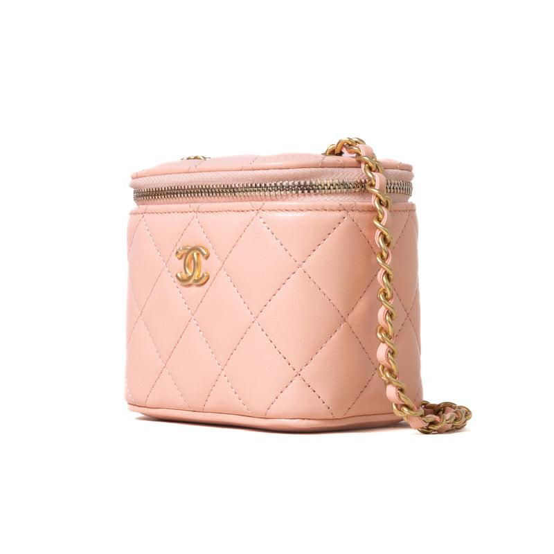 Light Pink Lambskin Quilted Mini Vanity Case With Pearl Chain