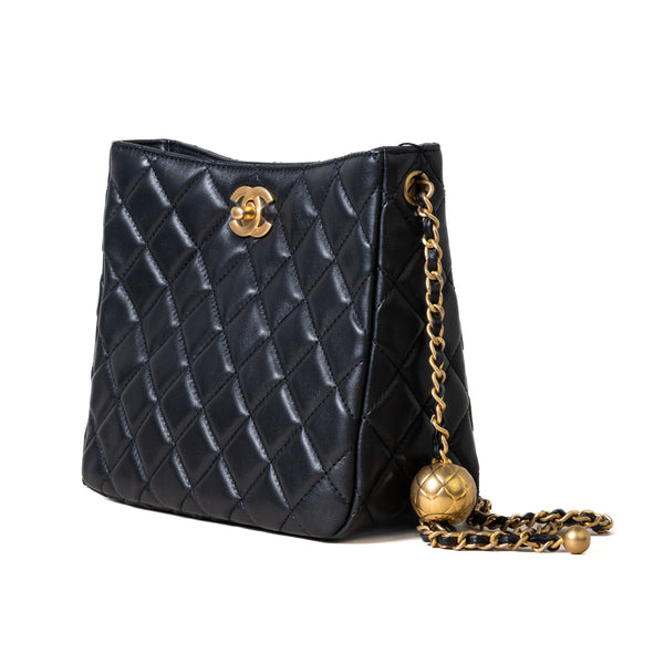 Chanel 22S Hobo Small Pearl Crush Gold Hardware Lambskin Bag Black - NOBLEMARS