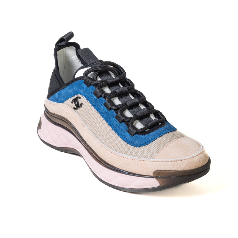 Chanel Suede Calfskin Fabric Sneakers Light Pink Beige Blue