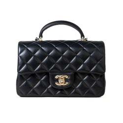 Chanel Lambskin Quilted Top Handle Flap Clutch with Chain Black