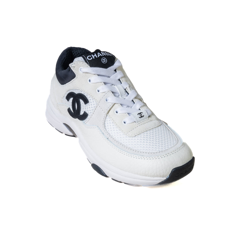 Chanel Mesh Suede Calfskin Grained Calfskin Sneakers White Black EU 36.5