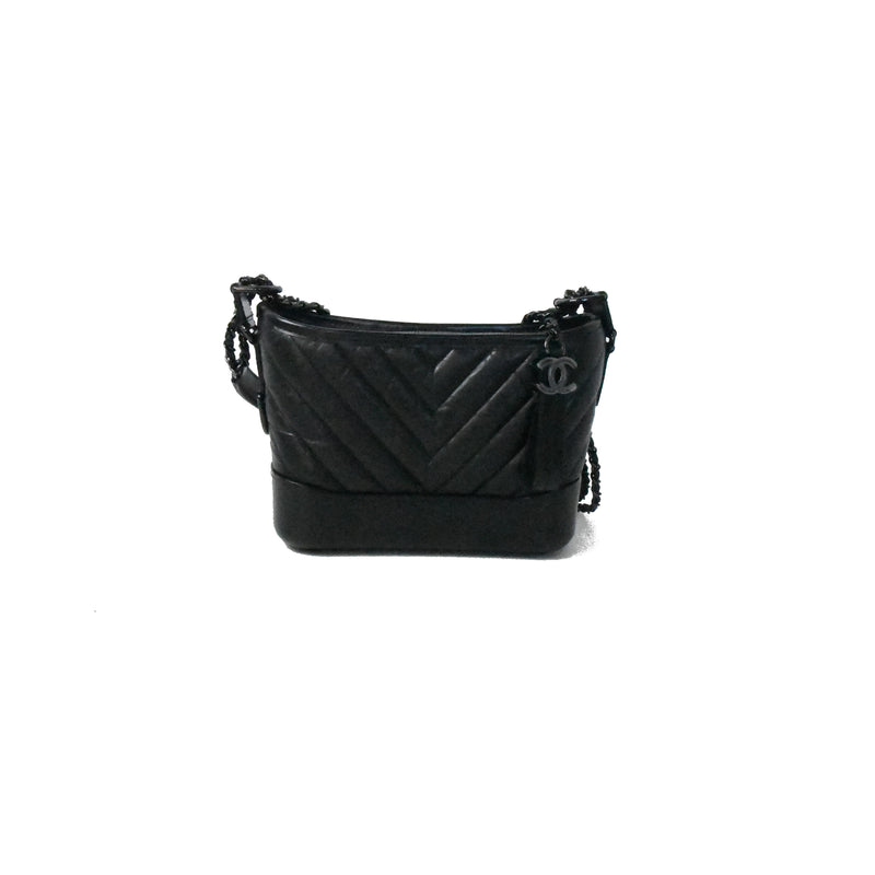 Chanel Chevron Gabrielle Small Black Chain Hobo Bag Black - NOBLEMARS