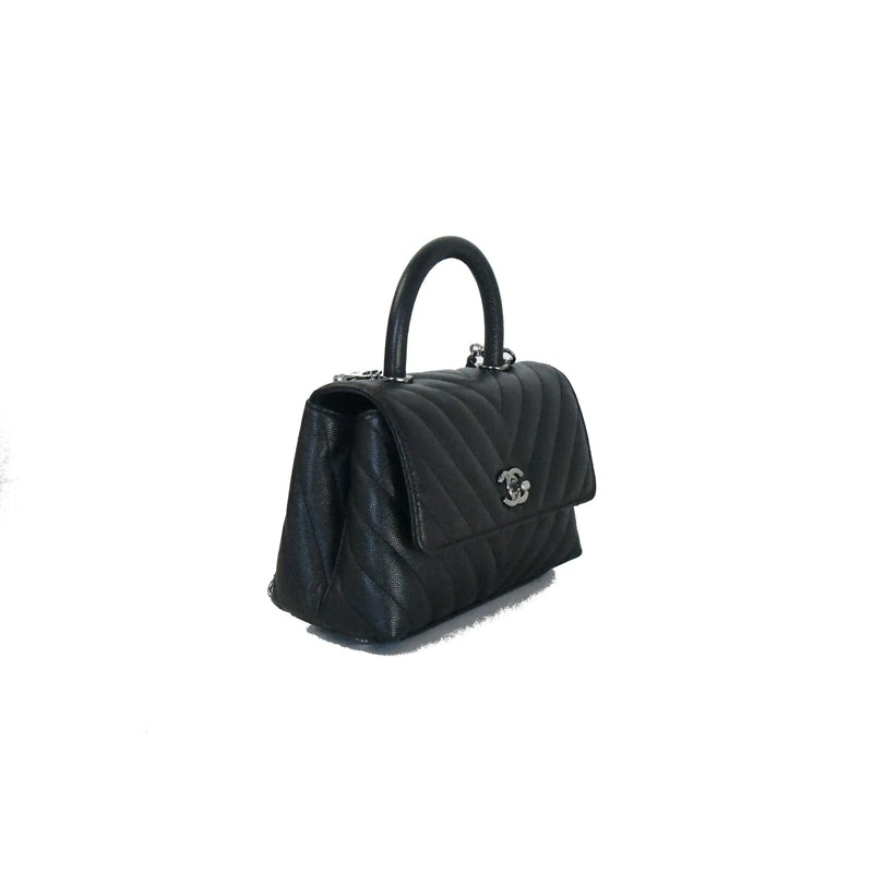 Chanel Mini Coco Chevron Silver Hardware Bag Black - NOBLEMARS