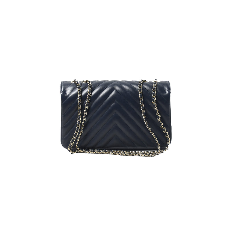 Chanel Chevron Wallet on Chain Flap Bag Gold HW Navy - NOBLEMARS