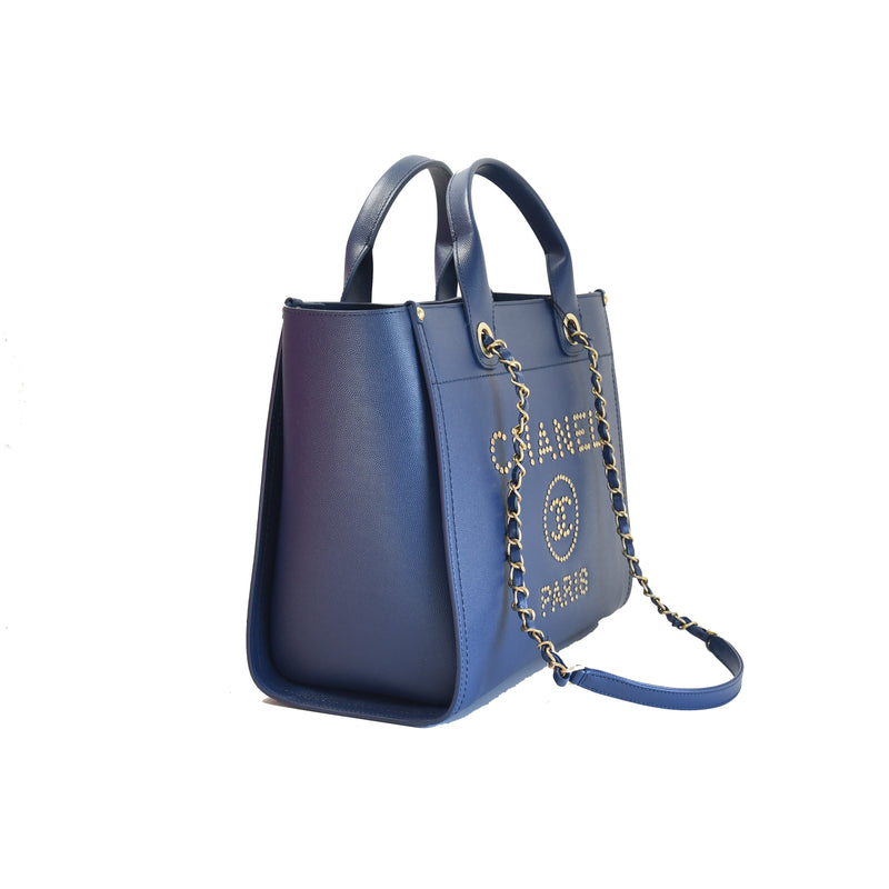 Chanel Shoping Bag Gold HW Navy 30cm - NOBLEMARS