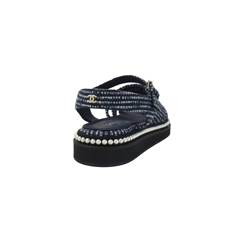 Chanel Tweed Sandals with Pearl Blue - NOBLEMARS