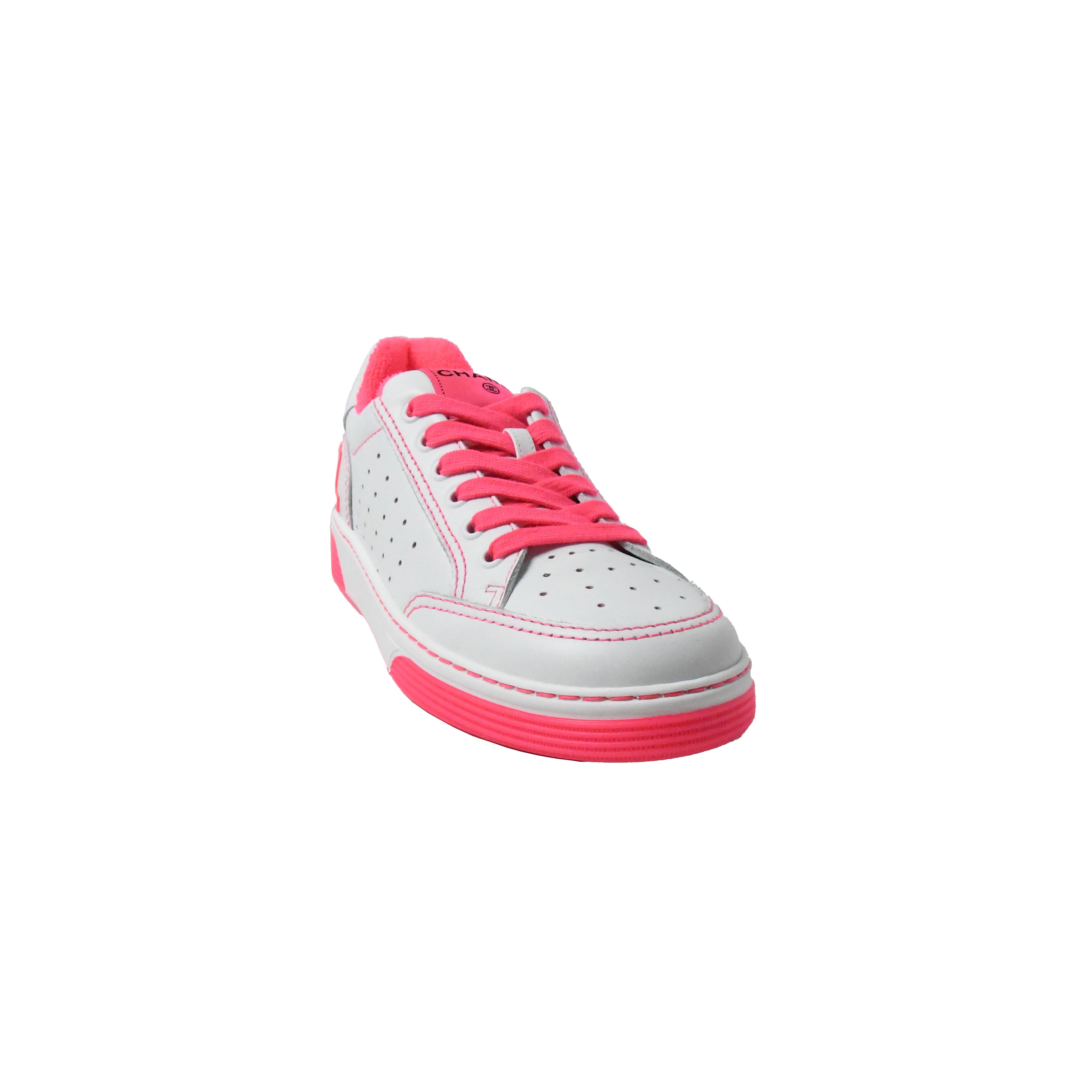 CHANEL Calfskin Fabric Sneakers 37.5 White Silver Fluo Pink