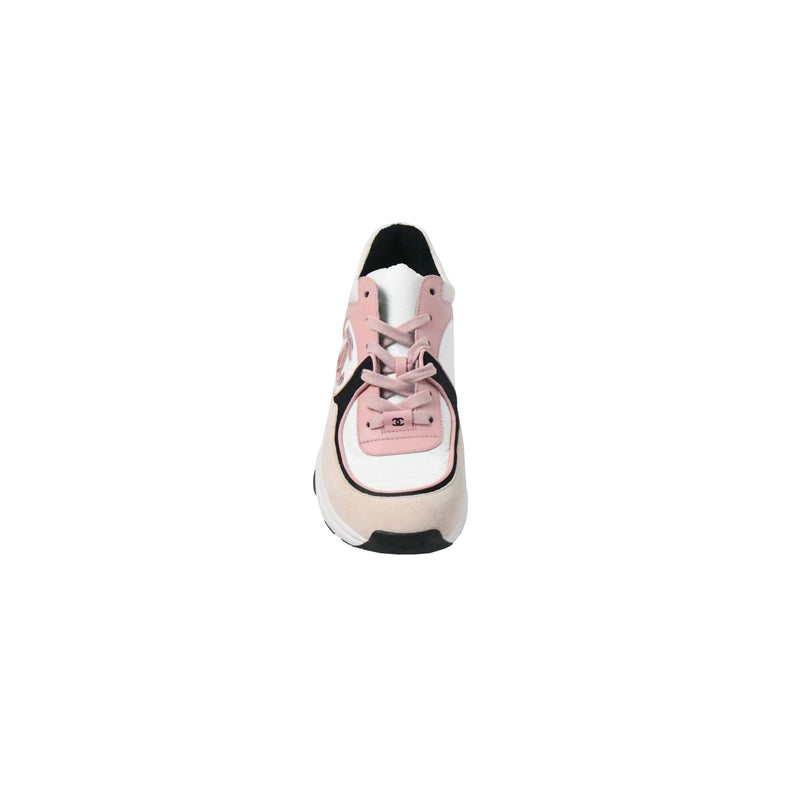 Chanel CC Logo Nylon Suede Sneaker Pink White Black - NOBLEMARS