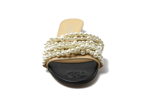 Chanel Mules Satin Pearl Slipper Beige - NOBLEMARS