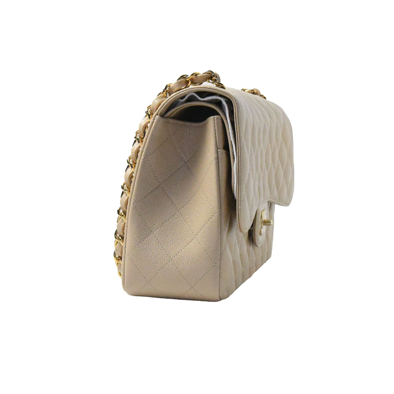 Chanel Jumbo CF Caviar Skin Gold HW Hand Bag Beige - NOBLEMARS