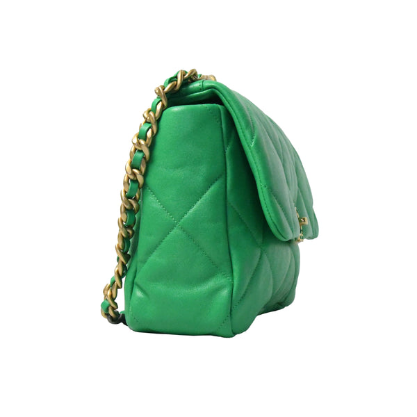 Chanel 19 Large Flap Bag Lambskin Gold HW Green - NOBLEMARS