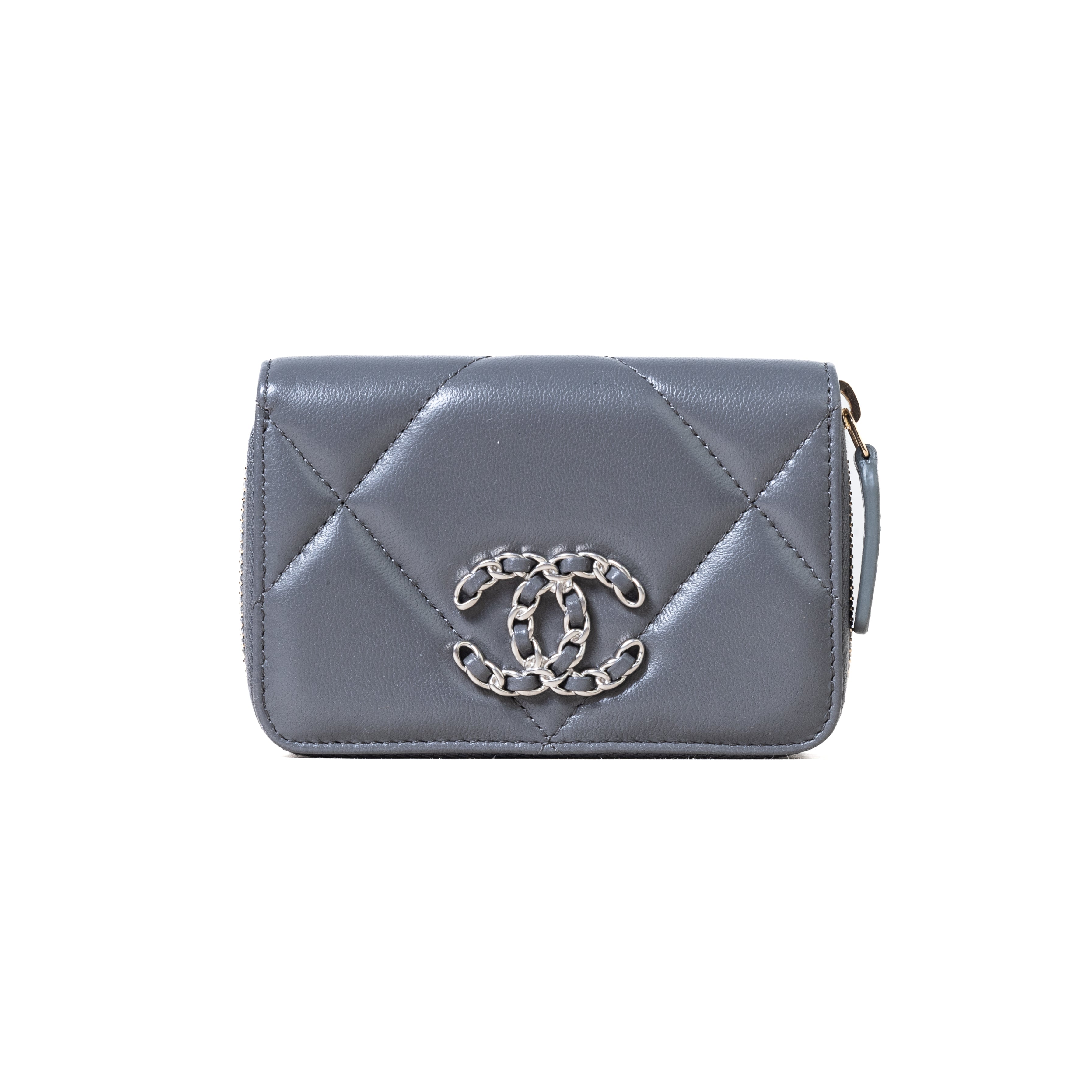 Zipped coin purse - Grained shiny calfskin & gold-tone metal, gray —  Fashion