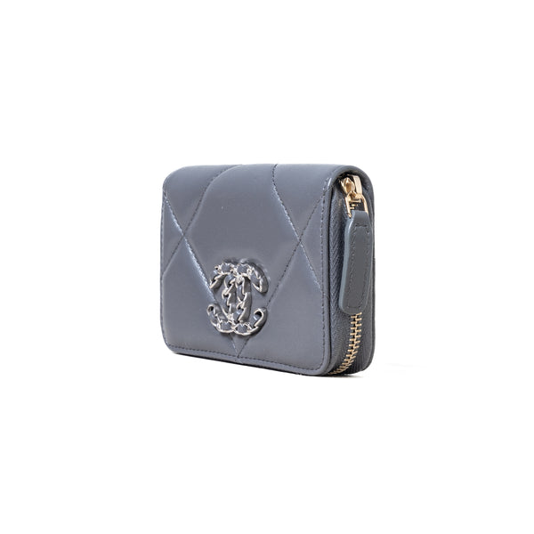 Chanel 19 Sliver Hardware Zipped Coin Purse Dark Grey